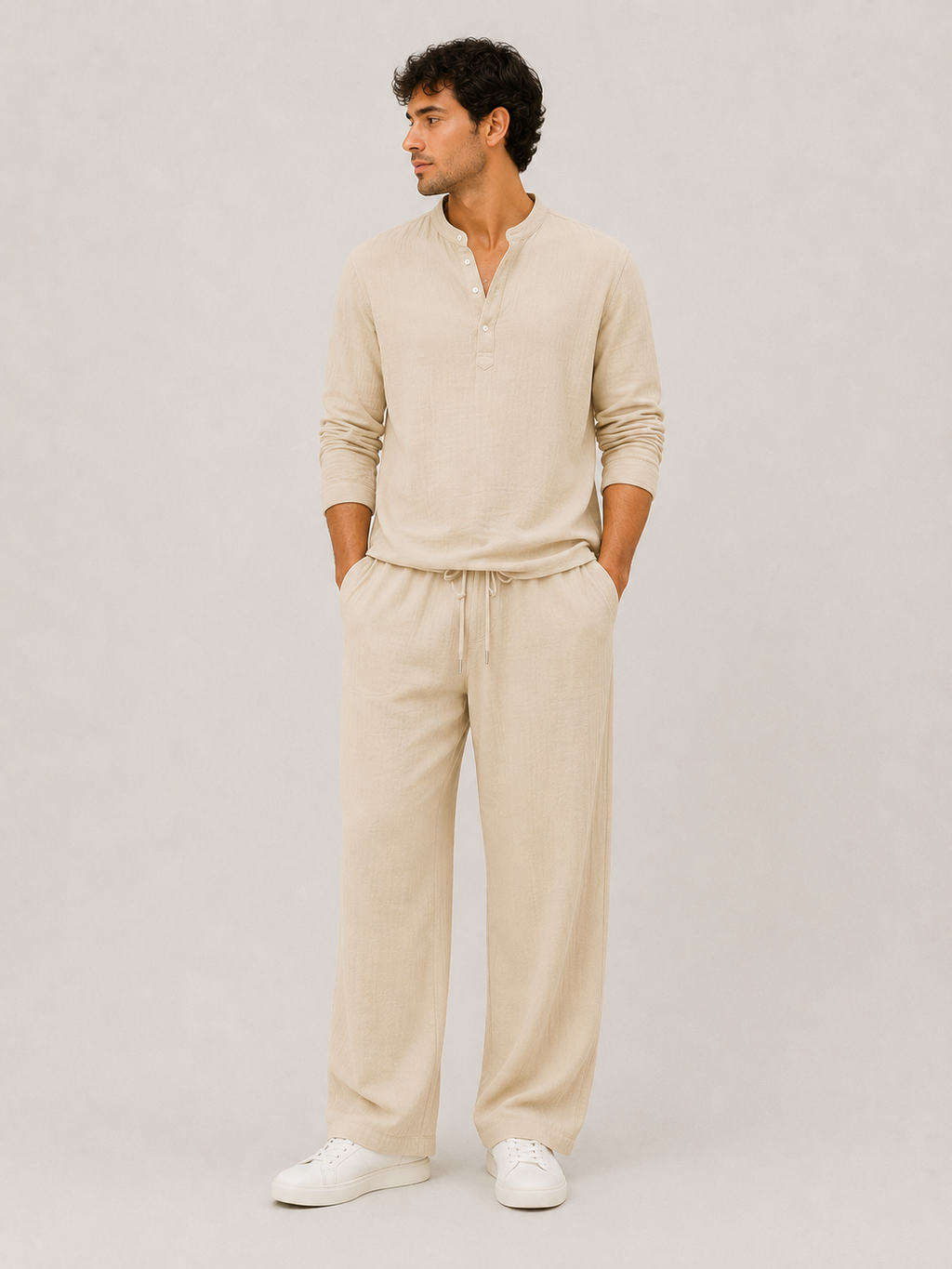 Conjunto lino hombre largo verano Beige