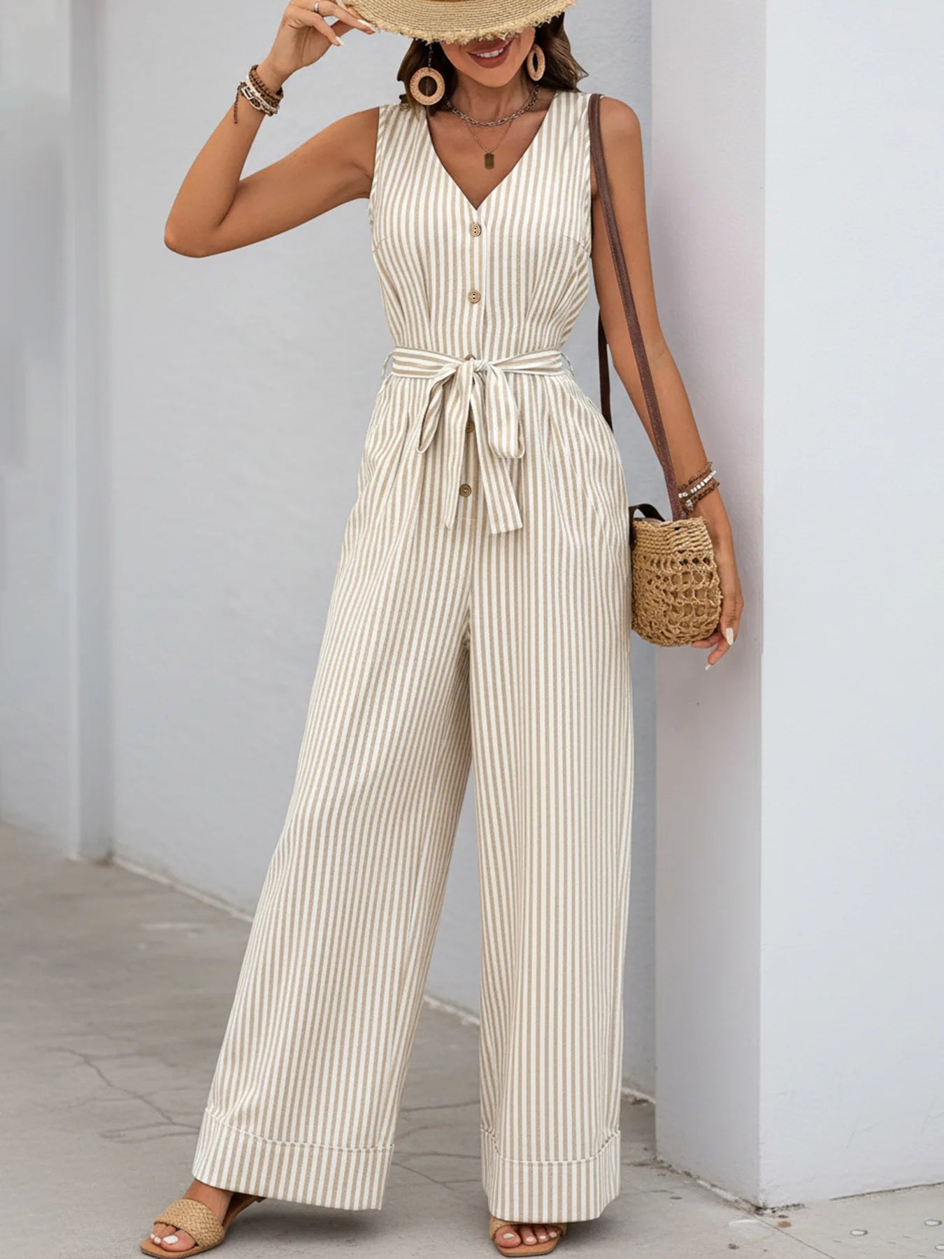 Casual and minimalist jumpsuit, color woven striped jumpsuit, wide leg pants