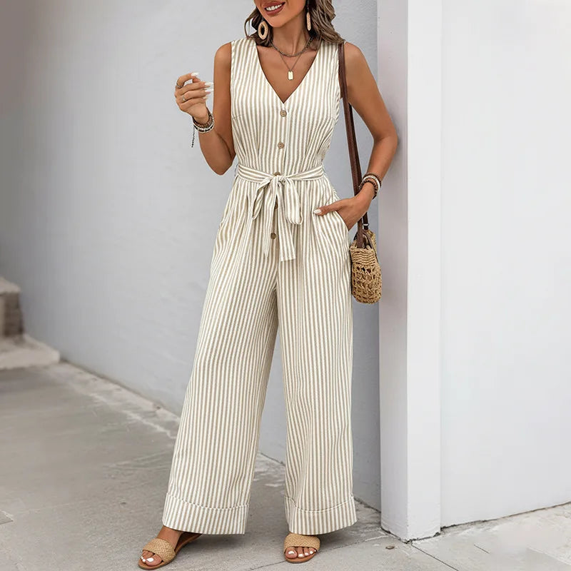 Casual and minimalist jumpsuit, color woven striped jumpsuit, wide leg pants