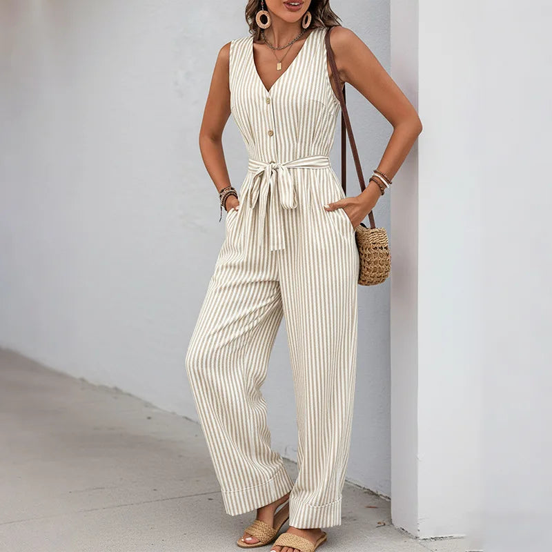 Casual and minimalist jumpsuit, color woven striped jumpsuit, wide leg pants