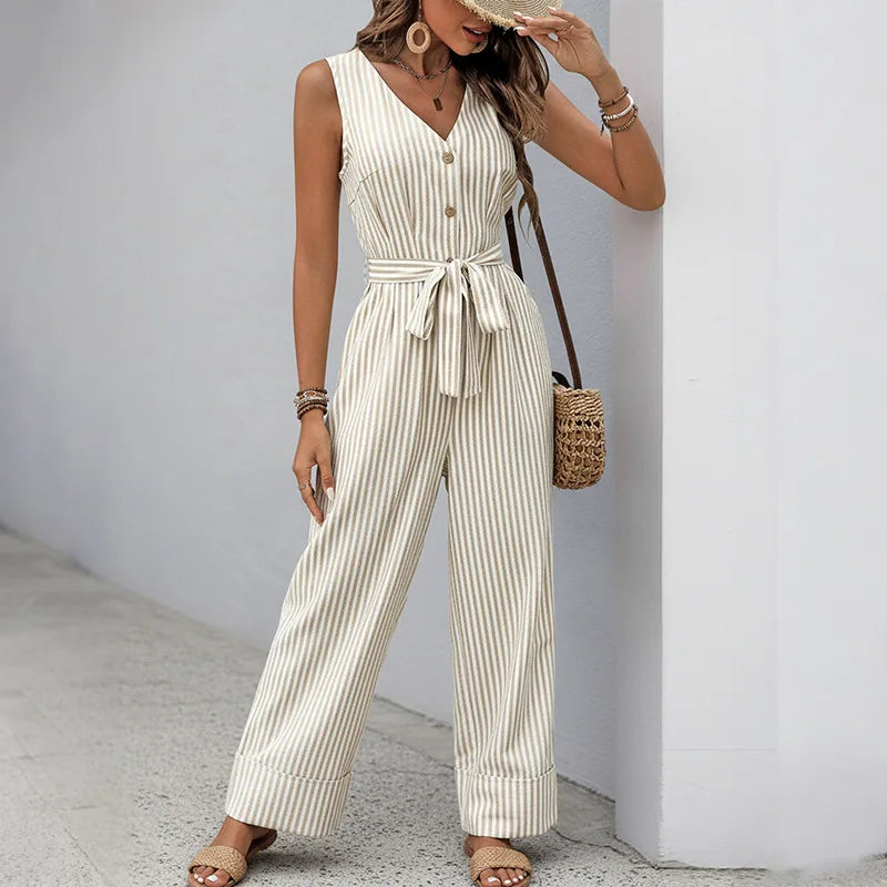 Casual and minimalist jumpsuit, color woven striped jumpsuit, wide leg pants